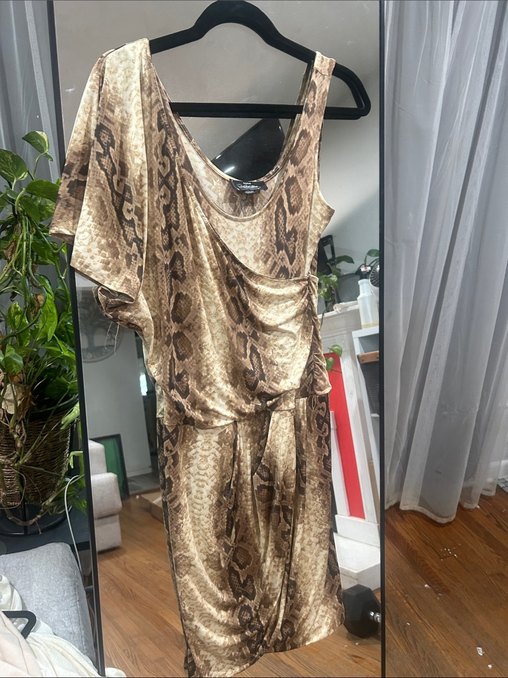 bebe One-Shoulder Snake-Print Dress in Brown and Tan